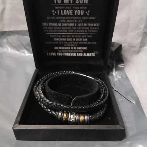 LEATHER BRAIDED BRACELET WITH METAL SPACER BEADS IN PRESENTATION BOX – 'TO MY SON' INSCRIPTION