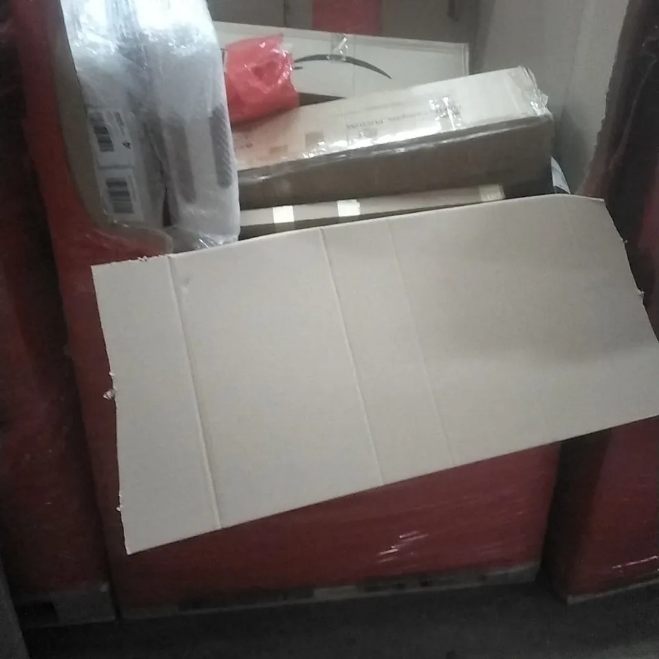 A PALLET CONTAINING ASSORTED HOUSEHOLD GOODS AND PRODUCTS TO INCLUDE; POP UP CANOPIE, SUITCASE, SHELF, BOXED FURNITURE ETC