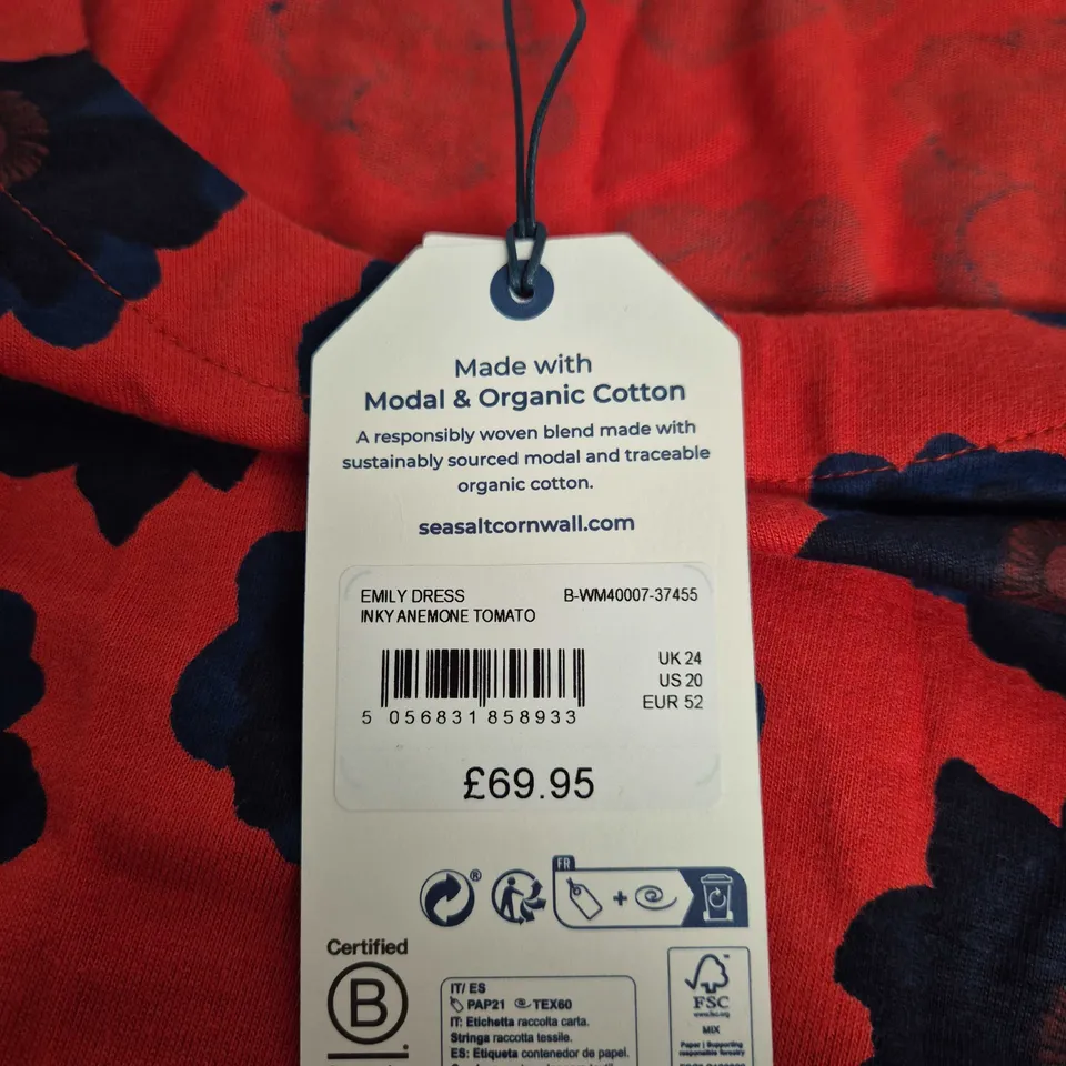SEASALT CORNWALL EMILY DRESS INKY ANEMONE TOMATO – UK 24, RED FLORAL PRINT, MODAL & ORGANIC COTTON