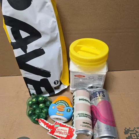 APPROXIMATELY 10 ASSORTED FOOD/DRINK PRODUCTS TO INCLUDE RAVE COFFEE, ROBINSONS ORANGE, NOOSH DRINK ETC 