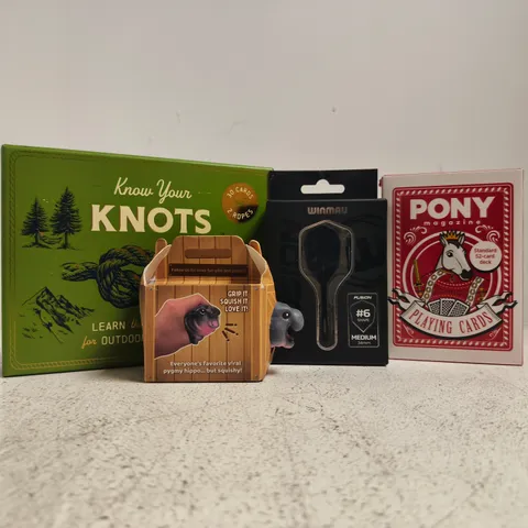 APPROXIMATELY 10 ASSORTED TOYS AND GAMES TO INCLUDE PONY MAGAZINE PLAYING CARDS, SQUISHY PYGMY HIPPO, ETC