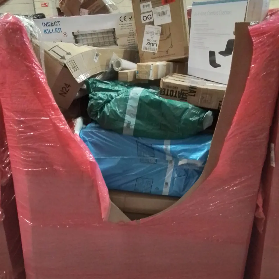 PALLET CONTAINING VARIOUS ASSORTED BOXED HOUSEHOLD ITEMS TO INCLUDE: INSECT ZAPPER, AIR COOLER, ALL-IN-ONE COMFORT CUSHION AND LOTS MORE UNMARKED BOXED ITEMS 