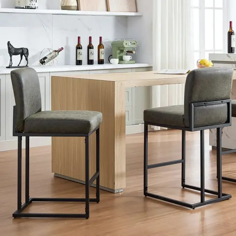 BOXED GARVEE 24" BAR STOOLS SET OF 2, COUNTER HEIGHT BAR STOOLS WITH BACK, MODERN PU LEATHER BARSTOOLS FOR KITCHEN ISLAND, UPHOLSTERED BAR CHAIR WITH BLACK METAL FRAME FOOTREST, GREY