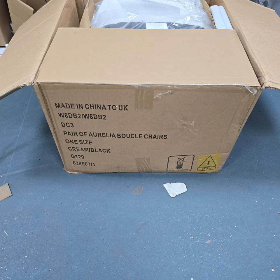 PAIR OF AURELIA BOUCLE CHAIRS – CREAM/BLACK, BOXED