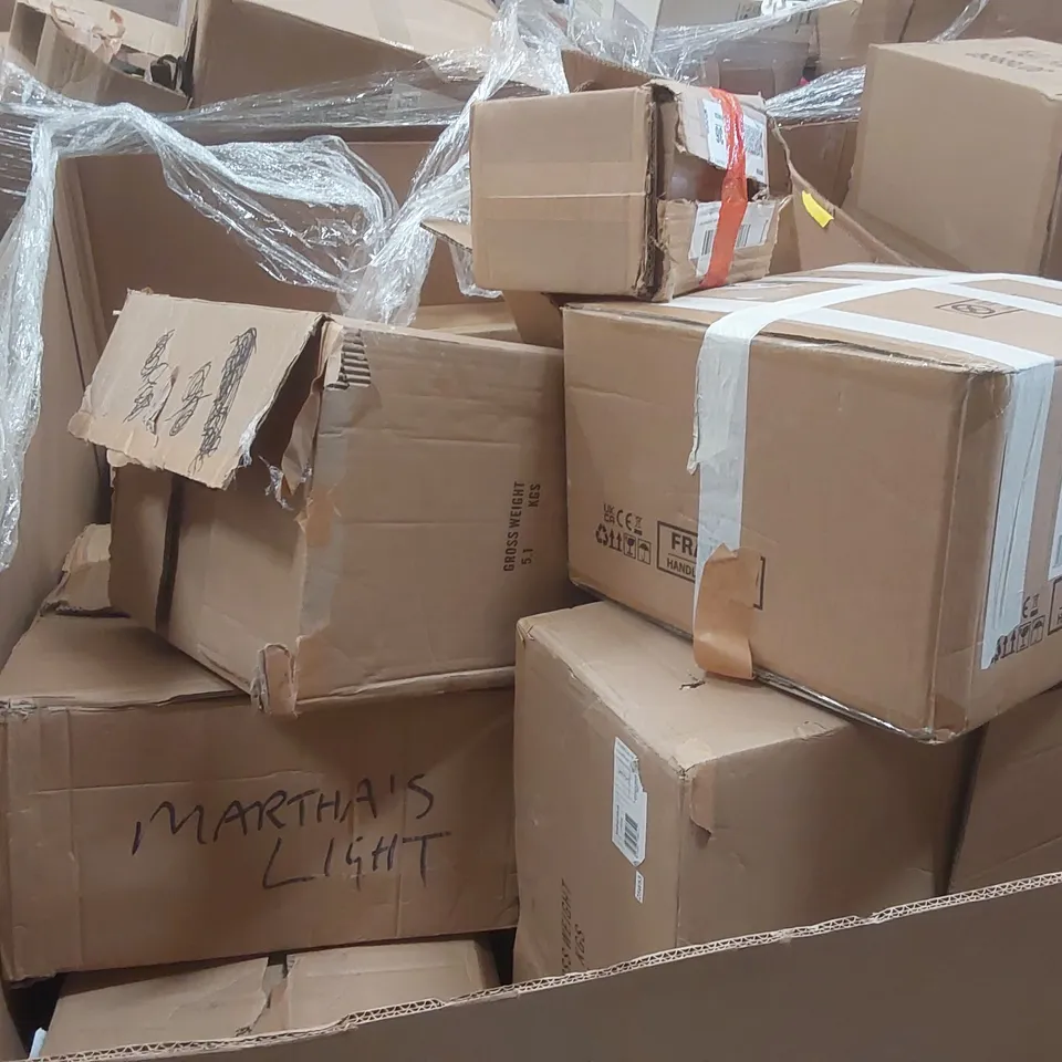 PALLET TO CONTAIN A VERY LARGE QUANTITY OF DESIGNER INDOOR LIGHTING PRODUCTS TO INCLUDE: TABLE LAMPS, CEILING LIGHTS, FLOOR LAMP ECT
