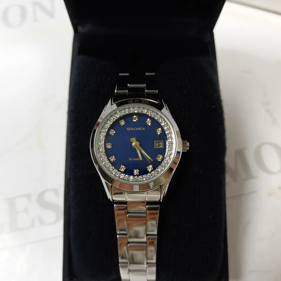 SEKONDA 50 METER LADIES WATCH - SILVER EFFECT WITH BLUE FACE 