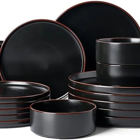 BOXED NEBULA SERIES 18 PIECE DINNERWARE SET, MATTE BLACK WITH RUFOUS RIM