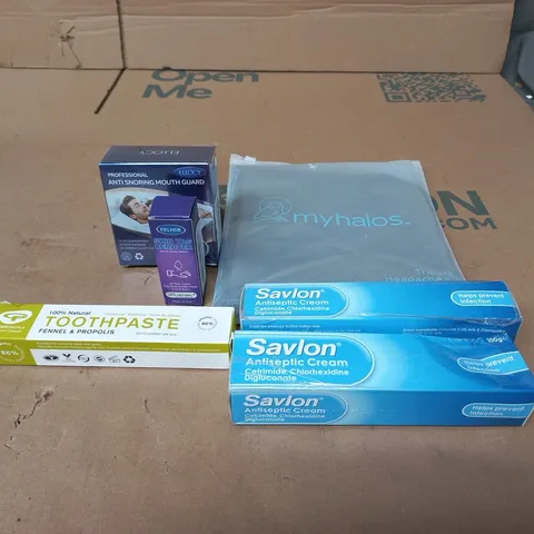 TOTE OF APPROXIMATELY 15 ASSORTED ITEMS TO INCLUDE SAVLON, MY HALOS HEADACHE RELIEF, ANTI SNORING MOUTH GUARD ETC
