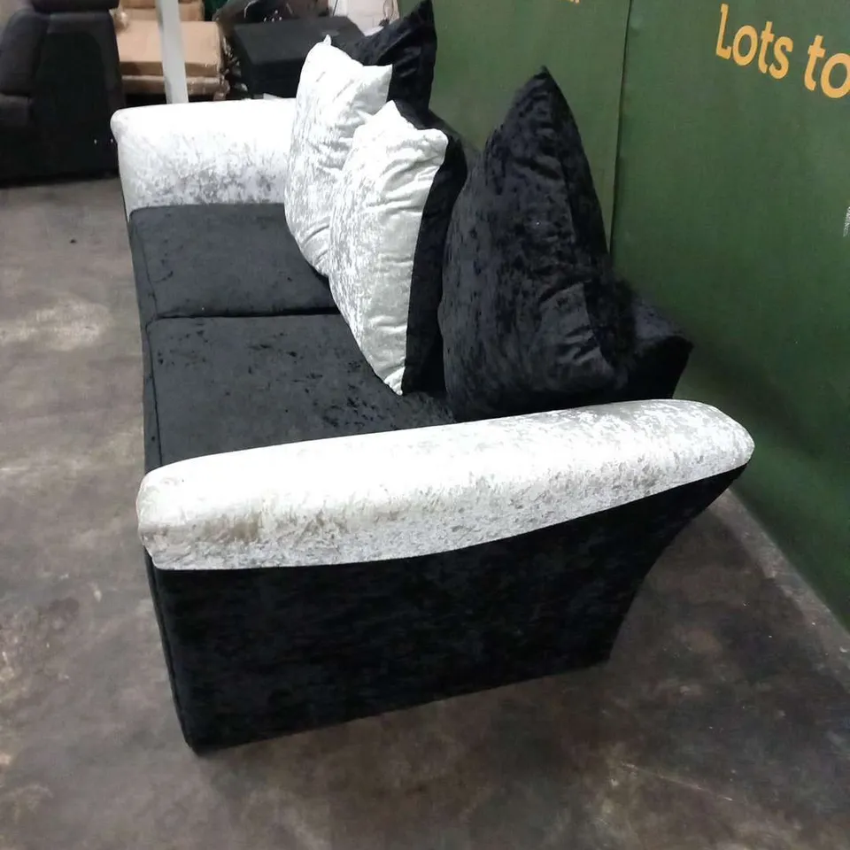 DESIGNER BLACK AND SILVER CRUSHED VELVET THREE SEATER SOFA
