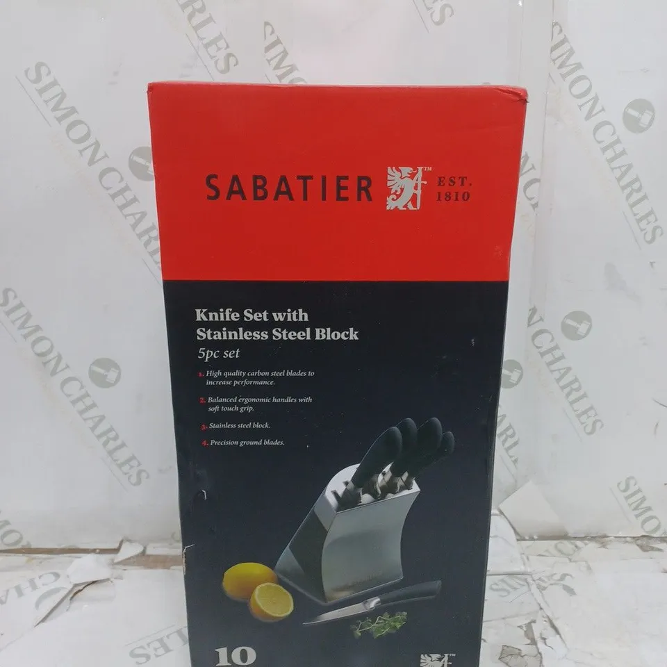 BOXED SABATIER 5 PIECE KNIFE SET WITH STAINLESS STEEL BLOCK