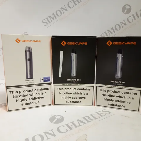 APPROXIMATELY 20 ASSORTED BOXED GEEKVAPE PRODUCTS TO INCLUDE WENAX H1, ONE, 1FC ETC.