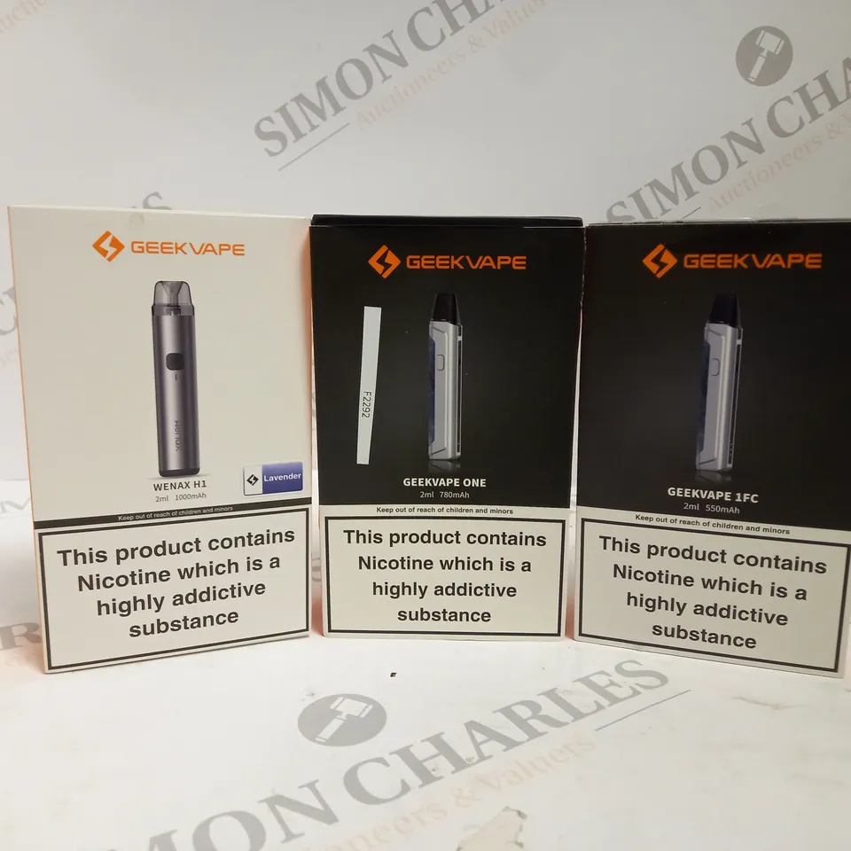 APPROXIMATELY 20 ASSORTED BOXED GEEKVAPE PRODUCTS TO INCLUDE WENAX H1, ONE, 1FC ETC.