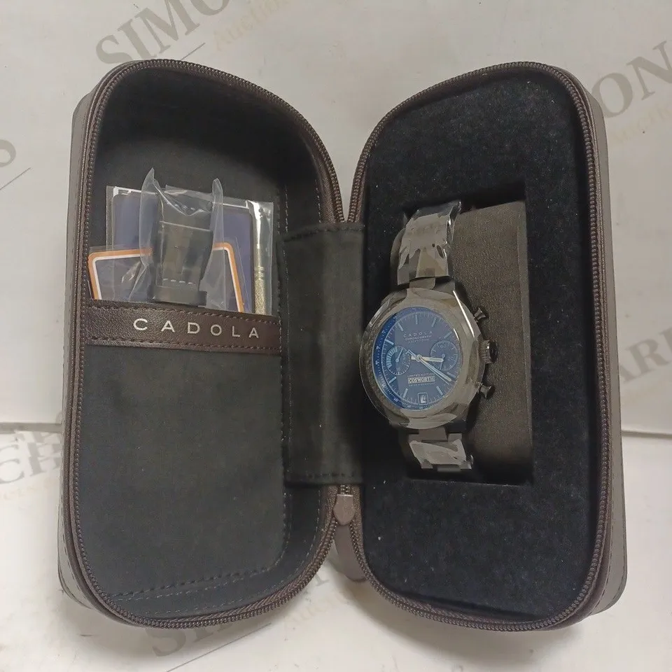 BOXED CADOLA GENTS LTD ED COSWORTH COSTIN SWISS CHRONO WITH ADDITIONAL STRAP - STAINLESS STEEL - 10 ATM - CARBON FIBRE DETAIL. 