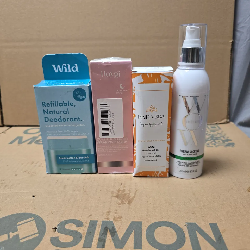 TOTE OF APPROXIMATELY 20 ASSORTED COSMETIC ITEMS TO INCLUDE WILD DEODORANT, HOYGI, COLOR WOW DREAM COCKTAIL, HAIR VEDA HAIR GROWTH OIL ETC