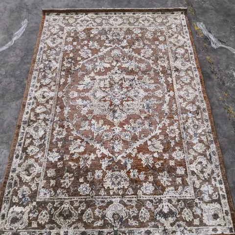 ORIENTAL RUG – BROWN FIELD WITH IVORY FLORAL BORDER, RECTANGULAR (155X230CM)