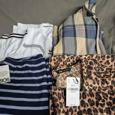 BOX OF APPROXIMATELY 20 ASSORTED CLOTHING ITEMS TO INCLUDE DRESS, TOPS, TROUSERS, ETC