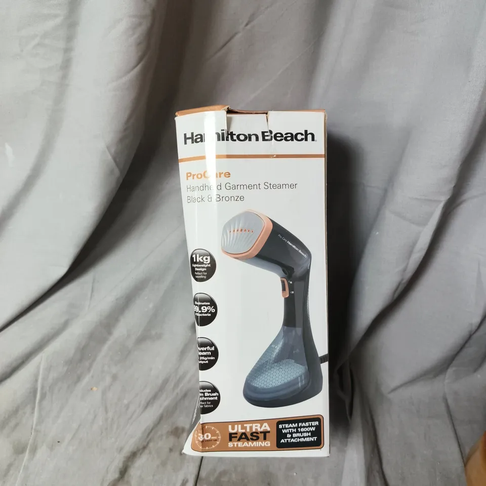 HAMILTON BEACH PROCARE HANDHELD GARMENT STEAMER – BLACK & BRONZE (BOXED)