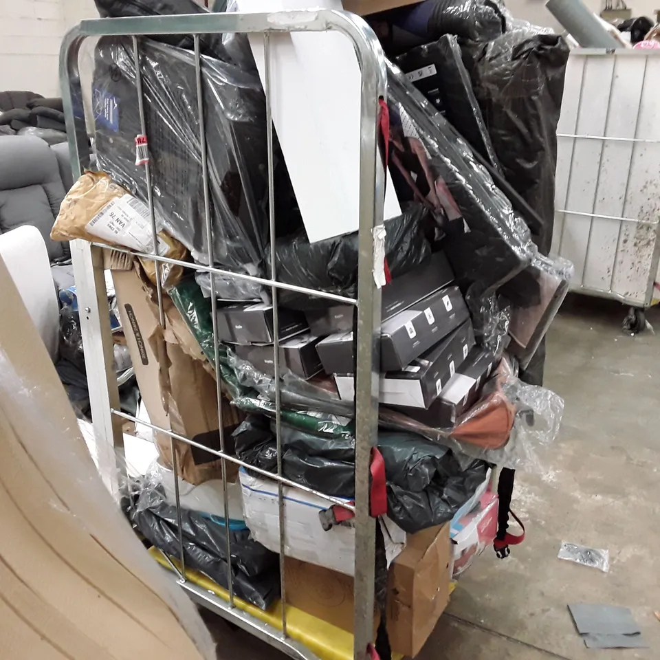 CAGE TO CONTAIN AN ASSORTMENT OF HOUSEHOLD ITEMS TO INCLUDE FOAM MATS SOFT SHELL LUGGAGE BAGS BABY CARRIER ECT 