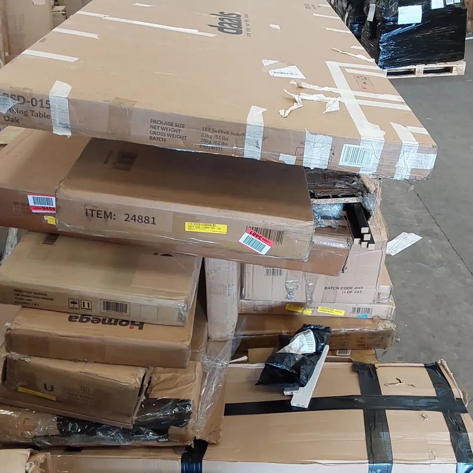 LARGE PALLET OF ASSORTED FURNITURE PARTS AND CONSUMER GOODS