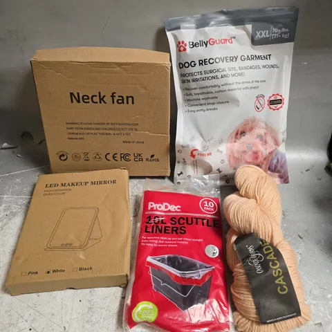 APPROXIMATELY 10 ASSORTED HOUSEHOLD PRODUCTS TO INCLUDE NECK FAN, SCUTTLE LINERS, MAKE UP MIRROR ETC