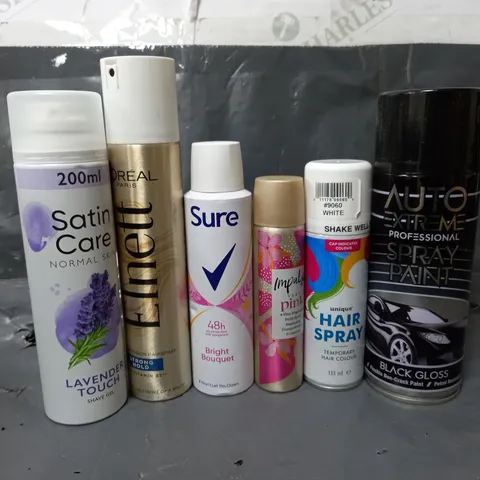 APPROXIMATELY 16 ASSORTED AEROSOLS TO INCLUDE AUTO EXTREME SPRAY PAINT IN BLACK GLOSS (220g), UNIQUE HAIR SPRAY (133ml), SURE BRIGHT BOUQUET (150Ml), ETC - COLLECTION ONLY