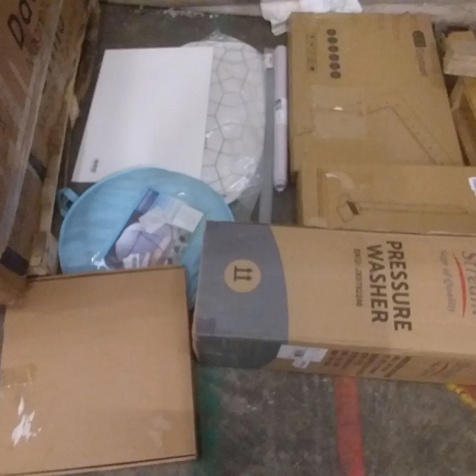 PALLET OF ASSORTED ITEMS INCLUDING STREAM PRESSURE WASHER, INVASION RETRACTABLE BROOM SET, LED COPYBOARD, MOSQUITO NET, HOME CONTACT PAPER, MINI IRONING BOARD