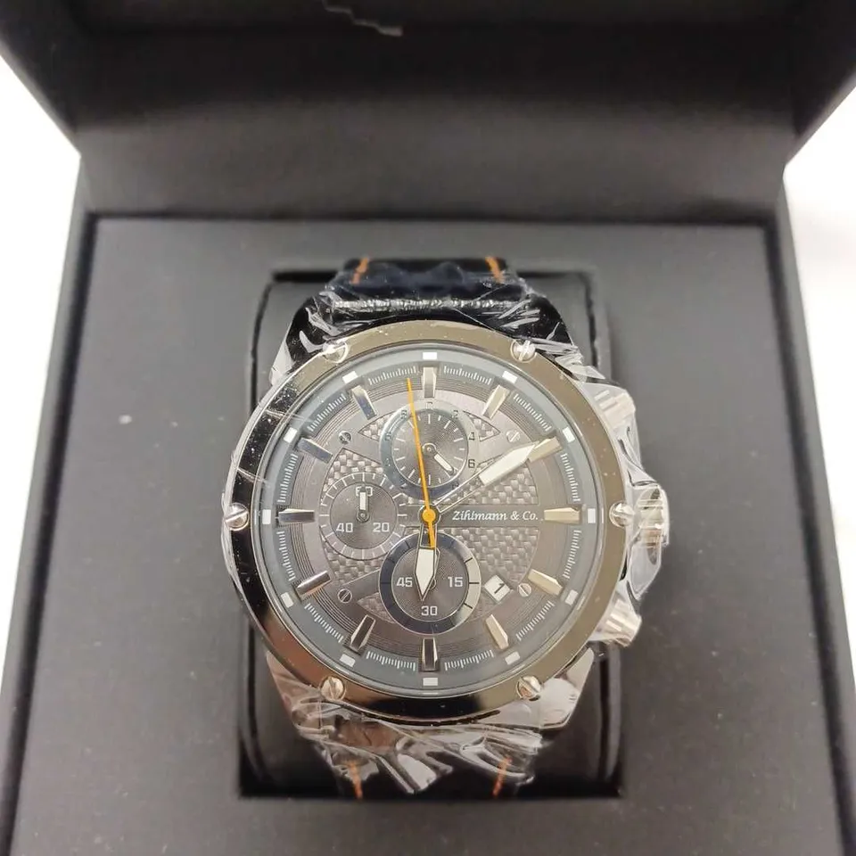 ZIHLMANN & CO TRIPLE DIAL STUD BLACK LEATHER STRAP WRISTWATCH
