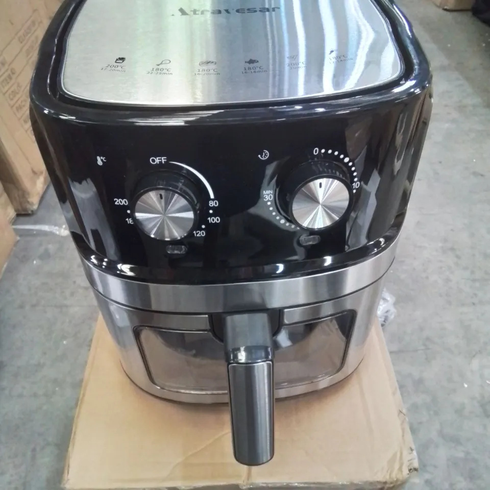 A BOXED TTAF-501MST AIR FRYER IN BLACK