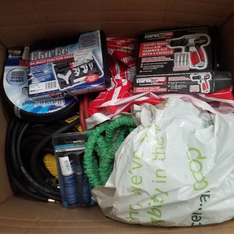 BOX CONTAINING MIXED PRODUCTS INCLUDING SHORT NOSE 150MM AIR HAMMER, 5PC MULTI FUNCTION SHEAR SET, ASSORTED HOSES & MULTI PURPOSE GREASE