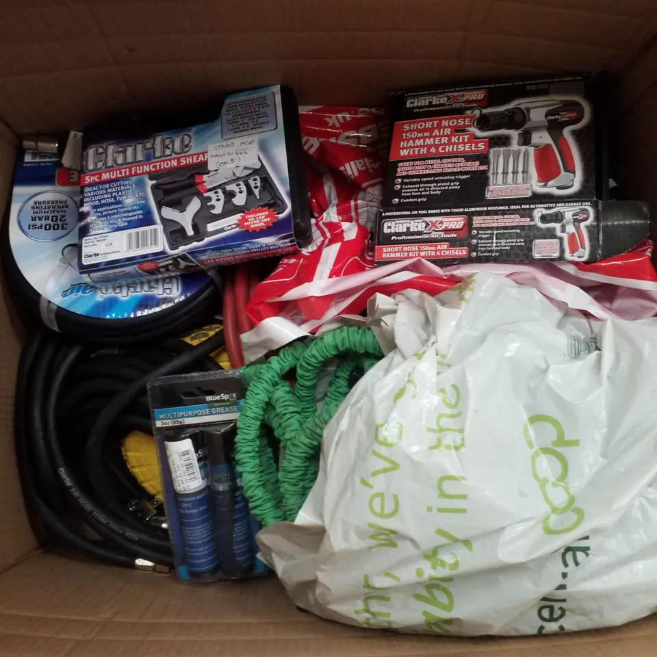 BOX CONTAINING MIXED PRODUCTS INCLUDING SHORT NOSE 150MM AIR HAMMER, 5PC MULTI FUNCTION SHEAR SET, ASSORTED HOSES & MULTI PURPOSE GREASE