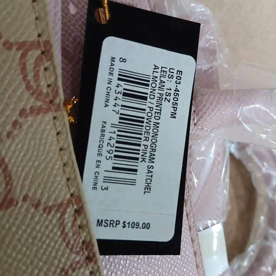 BEBE MONOGRAM SATCHEL HANDBAG – ALMOND/POWDER PINK