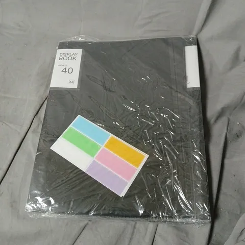 BOX OF ASSORTED HOUSEHOLD ITEMS INCLUDING DISPLAY BOOK 40-POCKET A4 (SEALED) + RED TABLET CASE