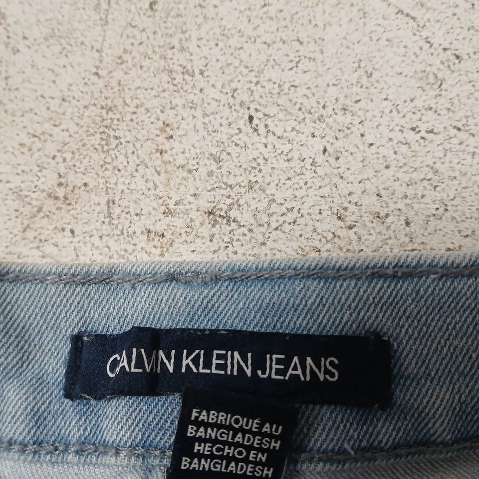 CALVIN KLEIN JEANS DENIM MINI SKIRT – BLUE, DISTRESSED HEM - SIZE 30W