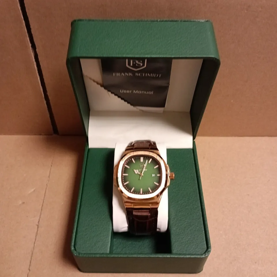 BOXED FRANK SCHMIDT WRISTWATCH WITH GREEN DIAL, ROSE-GOLD CASE, AND BROWN CROCODILE-EMBOSSED LEATHER STRAP