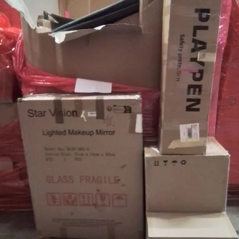 PALLET OF ASSORTED HOUSEHOLD GOODS AND PRODUCTS TO INCLUDE;LED MAKE-UP MIRROR,BABY CAR SEAT,PLAYPEN 