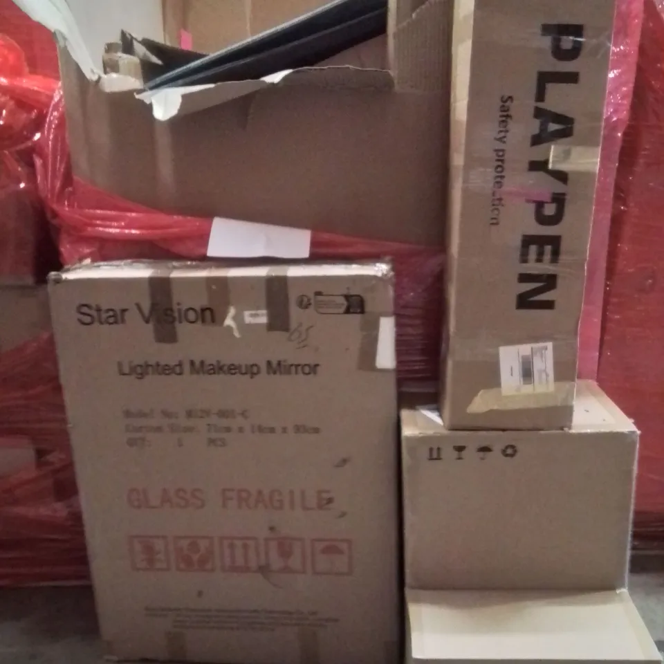PALLET OF ASSORTED HOUSEHOLD GOODS AND PRODUCTS TO INCLUDE;LED MAKE-UP MIRROR,BABY CAR SEAT,PLAYPEN 
