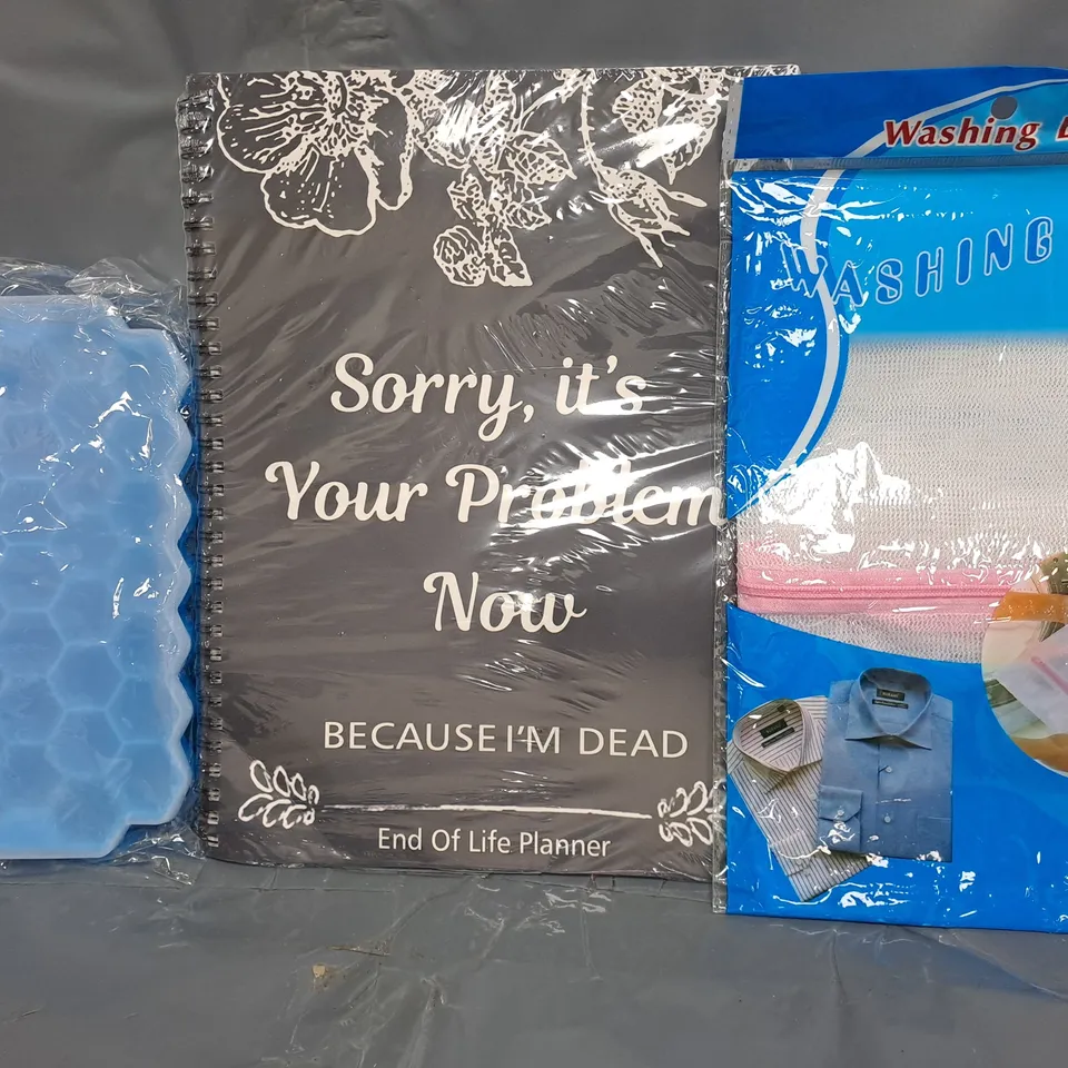 APPROXIMATELY 10 ASSORTED HOUSEHOLD ITEMS TO INCLUDE END OF LIFE PLANNER, WASHING BAG, ETC