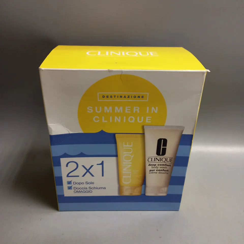 BOXED CLINIQUE SUMMER IN CLINIQUE AFTER SUN RESCUE BALM 150ML AND DEEP COMFORT BODY WASH 200ML GIFT SET
