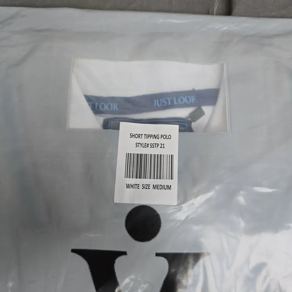 BAGGED JUST LOOK SHORT TIPPING POLO SHIRT – WHITE, SIZE MEDIUM (STP 21)