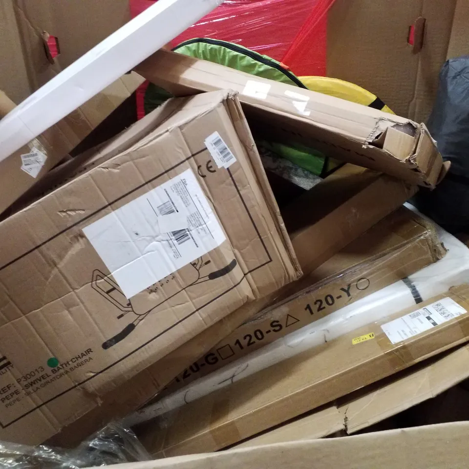 PALLET CONTAINING ASSORTED PRODUCTS INCLUDING TOILET SEAT, POPUP TENT, PHOTO FRAMES, KNITTING MACHINE, DOG CAGE & CLOCK TOOL TABLE PLAYSET