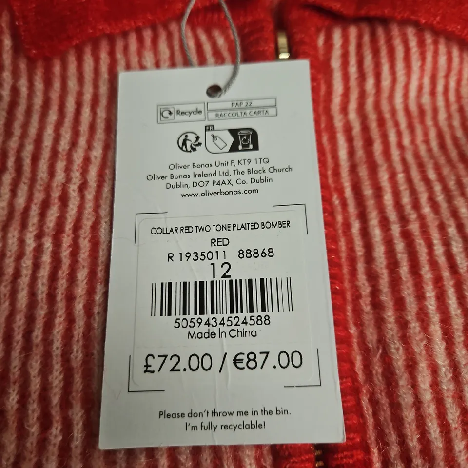 OLIVER BONAS RED TWO-TONE PLAITED BOMBER JACKET, UK 12