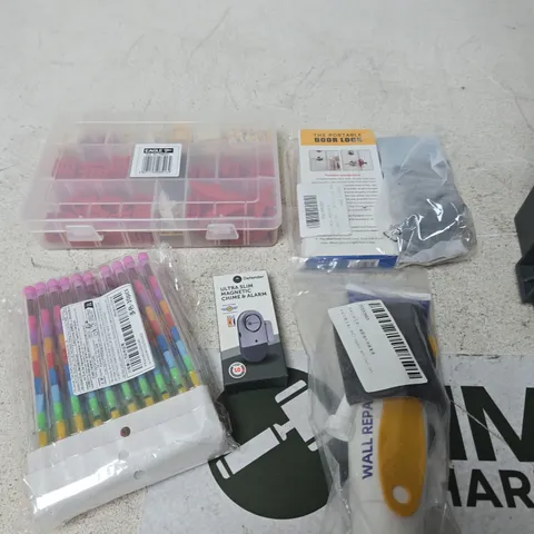 APPROXIMATELY 10 ASSORTED HOUSEHOLD PRODUCTS TO INCLUDE MAGNETIC CHIME, PORTABLE DOOR LOCK, WALL REPAIR PASTE ETC