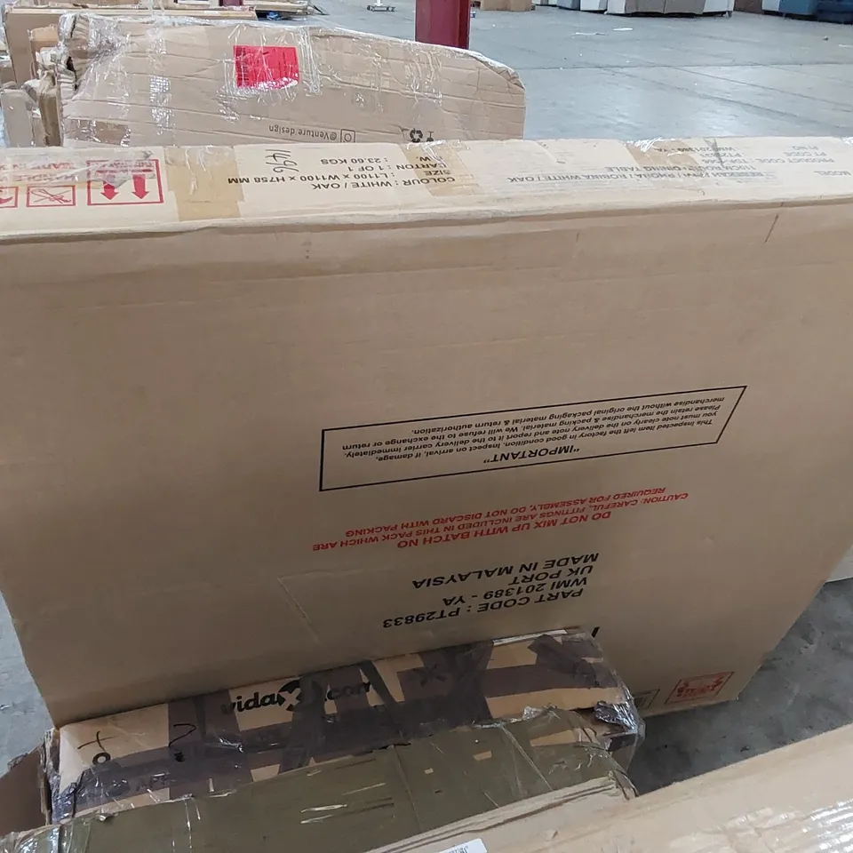 BOXED REBEKAH 110cm ROUND DINING TABLE IN WHITE/OAK (1 BOX)
