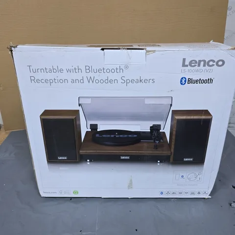 LENCO LS-100WD TURNTABLE WITH BLUETOOTH RECEPTION AND WOODEN SPEAKERS – BOXED