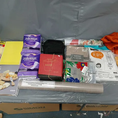 BOX OF APPROXIMATELY 12 ASSORTED ITEMS TO INCLUDE - WINDOW INSULTATION KIT, PILLOWCASES, AND ALWAYS DISCREET PADS ETC.