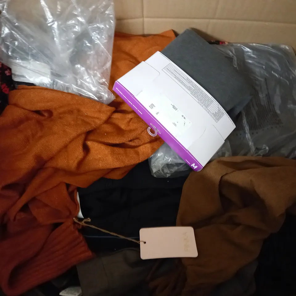 BOX OF ASSORTED CLOTHING ITEMS TOO INCLUDE JUMPERS, SHIRTS AND TROUSERS IN VARIOUS SIZES AND COLOURS   