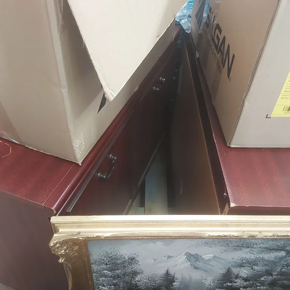 PALLET CONTAINING A VERY LARGE QUANTITY OF ASSORTED ITEMS INCLUDING: PAINTINGS, CABINETS, ASSORTED DVDS ECT