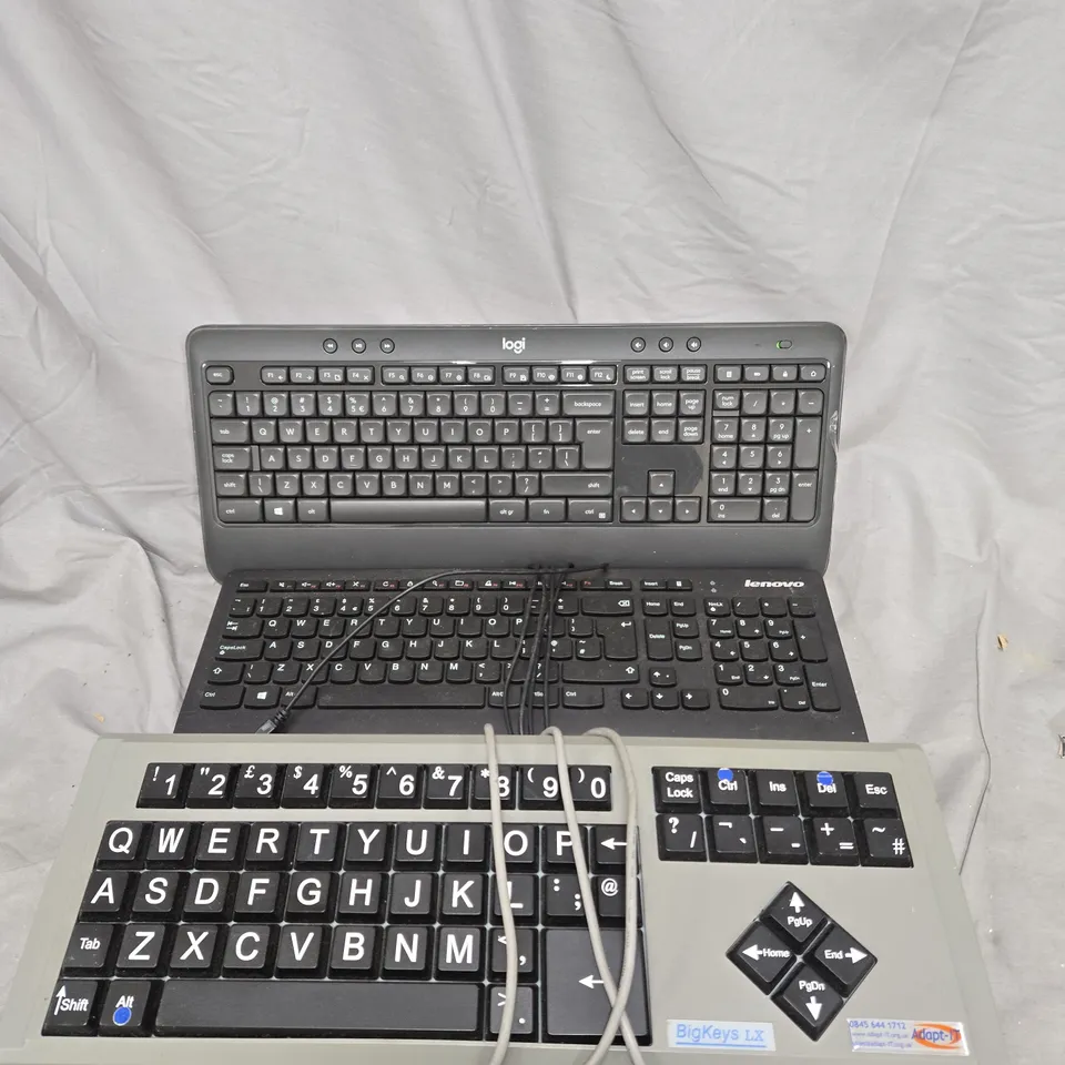 BOX OF APPROXIMATELY 10 ASSORTED KEYBOARDS TO INCLUDE LOGITECH, LENOVO AND ADAPT-IT