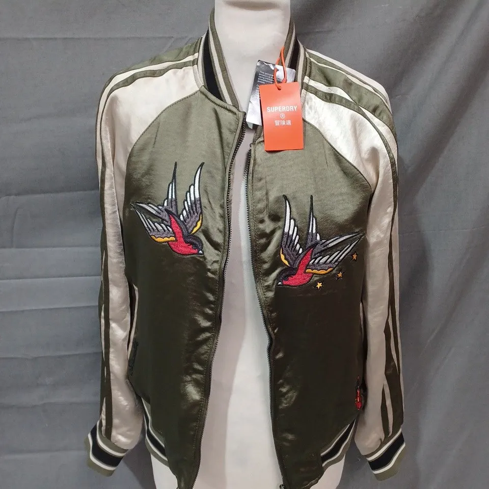 SUPERDRY GREEN ZIP THROUGH SEQUIN EMBELLSHED JACKET - UK XS