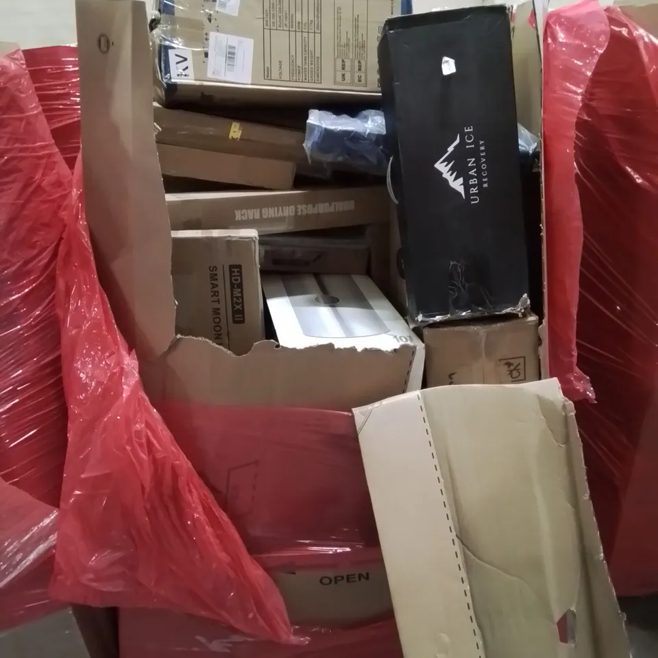 PALLET CONTAINING VARIOUS ASSORTED ITEMS TO INCLUDE: SMART MOON LIGHT, DUAL PURPOSE DRYING RACK, LARGE PEDAL BIN, AIR COOLERAND LOTS MORE UNMARKED BOXED ITEMS 